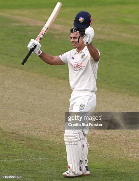 Durham batsman David Bedingham celebrates his century during day one of the Vitality County Championship match between Durham and Somerset at Seat...