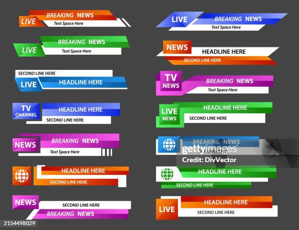 ilustraciones, imágenes clip art, dibujos animados e iconos de stock de conjunto de barras de noticias de tv del tercio inferior - evento en vivo