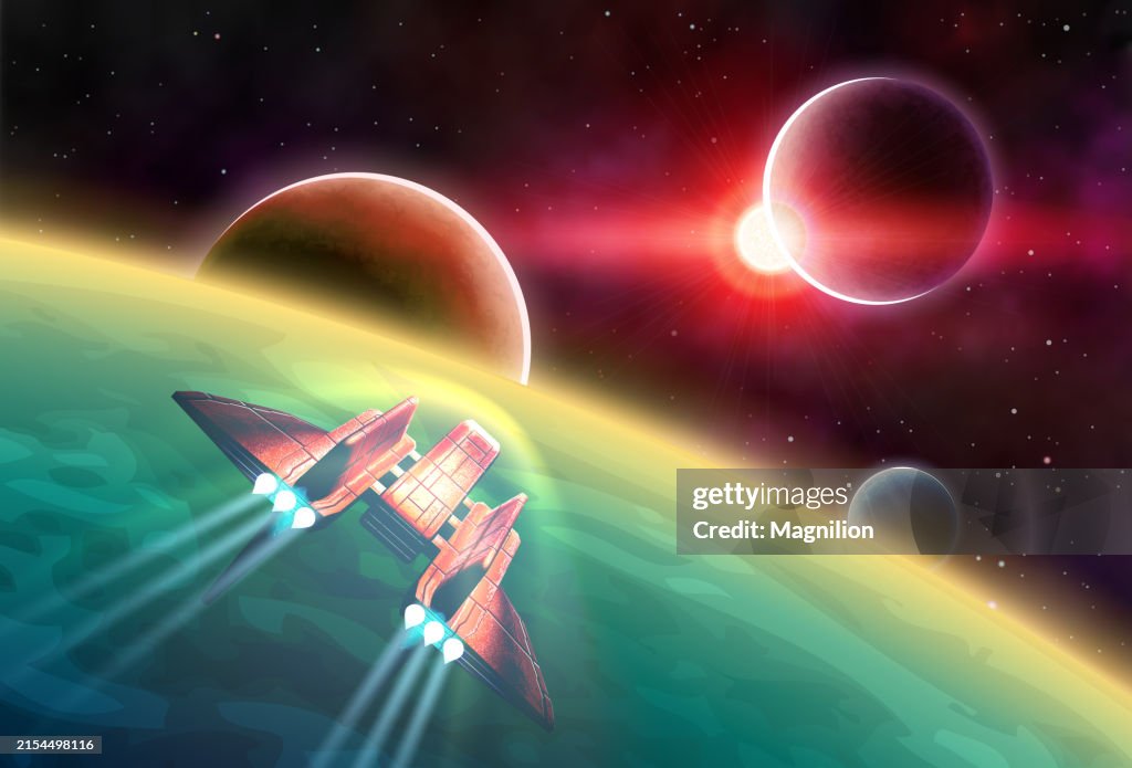 Spaceship Exploring Distant Planets, Futuristic Vector Space Adventure