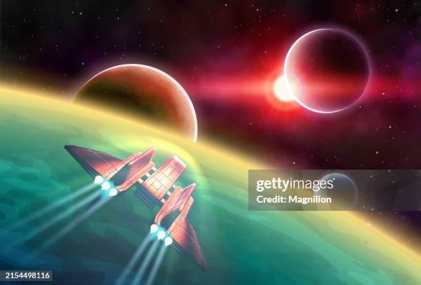 spaceship exploring distant planets, futuristic vector space adventure - spacecraft point of view stock illustrations