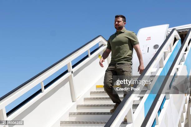 Ukraine's President Volodymyr Zelensky on his arrival at Figo Maduro air base on May 28, 2024 in Lisbon, Portugal. According to this note, released...