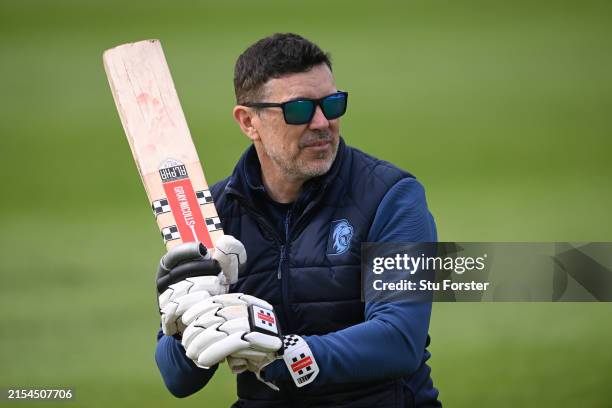 Durham head coach Ryan Campbell in action during the warm up ahead of day one of the Vitality County Championship match between Durham and Somerset...