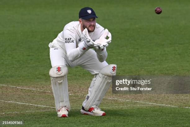 Durham wicketkeeper Ollie Robinson in action during day one of the Vitality County Championship match between Durham and Somerset at Seat Unique...