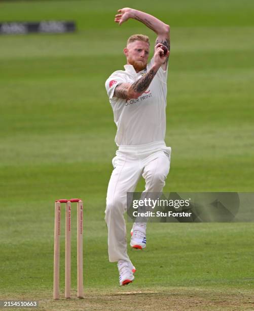 Durham bowler Ben Stokes in bowling action during day one of the Vitality County Championship match between Durham and Somerset at Seat Unique...