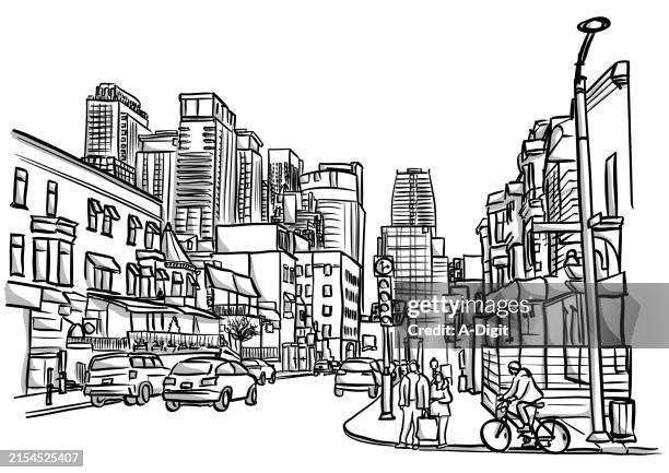 metropolis doodle sketch - downtown storefronts stock illustrations