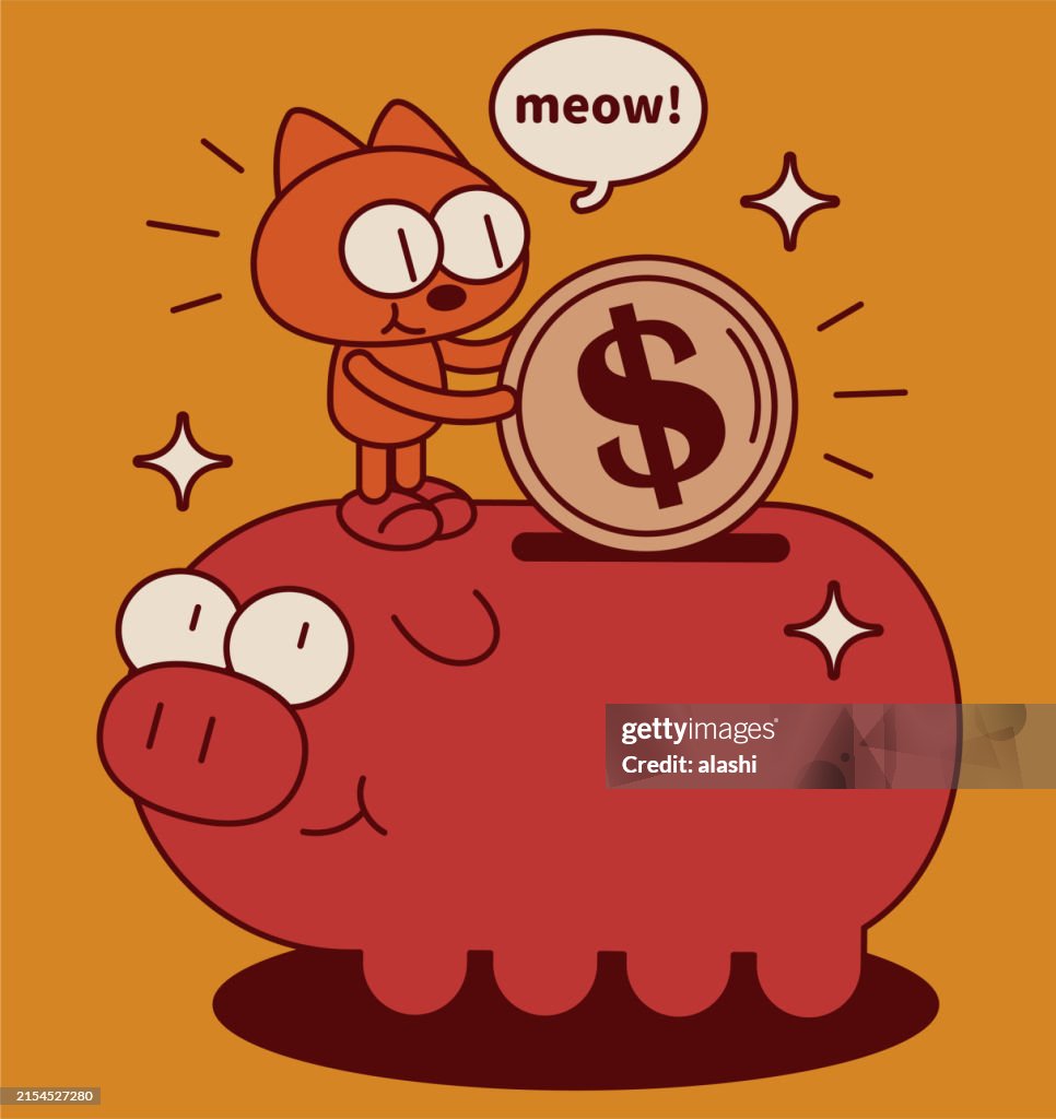 A quirky and cute kitten, rearing up, standing on a big piggy bank, depositing money