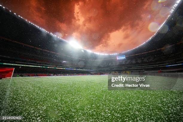 General view of the stadium during a hail storm before the final first leg match between America and Monterrey as part of the Torneo Clausura 2024...