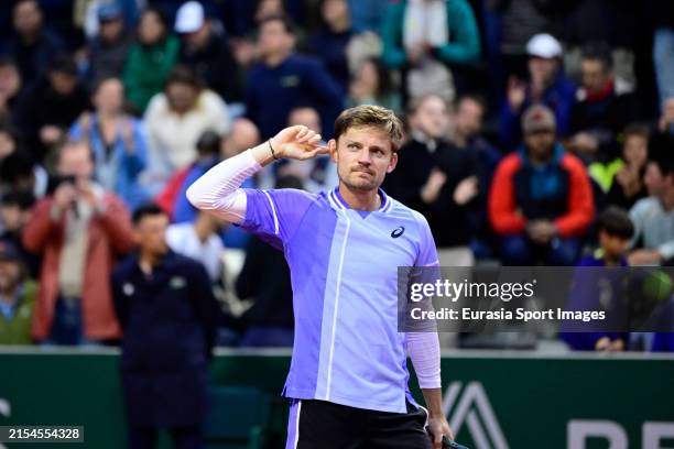 David Goffin of Belgium celebrates after winning against Giovanni Mpetshi Perricardin of France in the Men's Singles first round match during 2024...