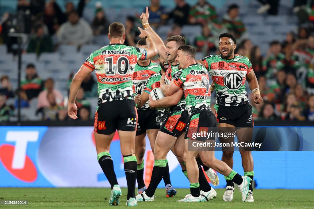 Jai Rabbithoes Jai Arrow of the Rabbitohs celebrates scoring a try during the round ...
