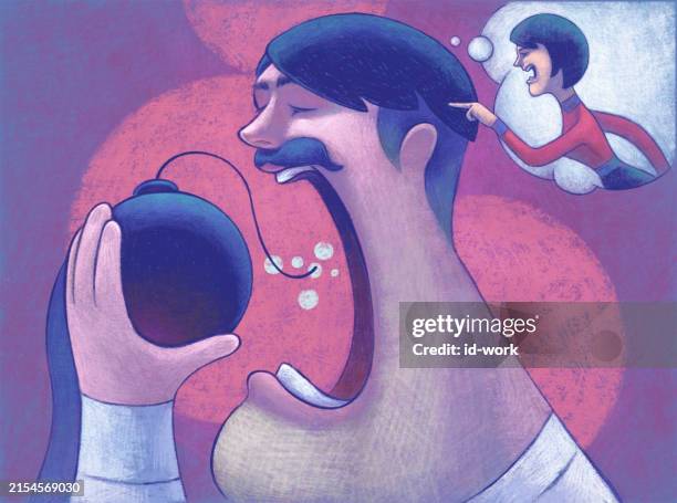 man going to eat bomb while thinking woman who blaming him - choosing between two stock illustrations