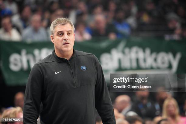 Assistant Coach Micah Nori of the Minnesota Timberwolves looks on during the game against the Dallas Mavericks during Game 4 of the Western...