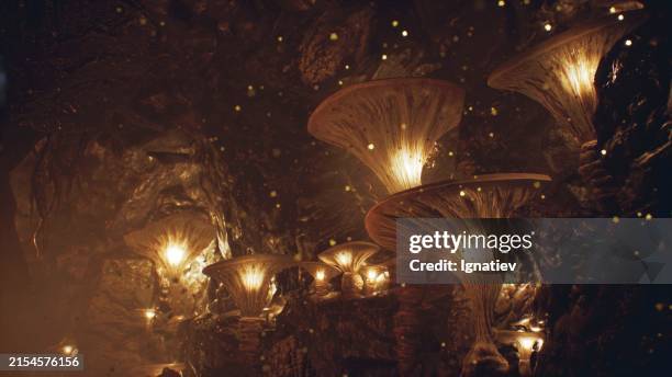 enveloped in the enchantment of a cavern, towering mushrooms and twinkling luminance - dungeon stock pictures, royalty-free photos & images