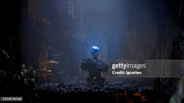 una enigmática flor se eleva desde el abrazo rocoso de una cueva hechizada - fantasy caves fotografías e imágenes de stock