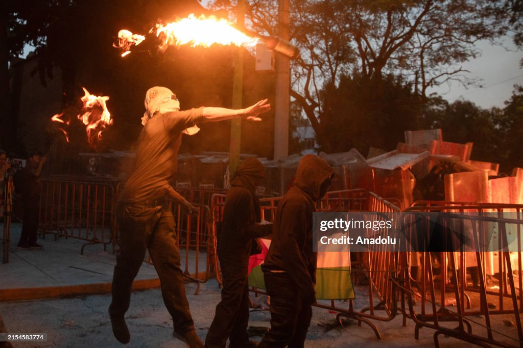 Demonstrators clash with police during a pro-Palestinian protest in Mexico City