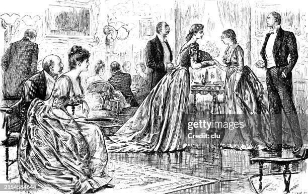 reception in upper class: handsome young man with a less beautiful bride coming, couple on the left saying, probably somebody bet him he wouldn't - less paperwork stock illustrations