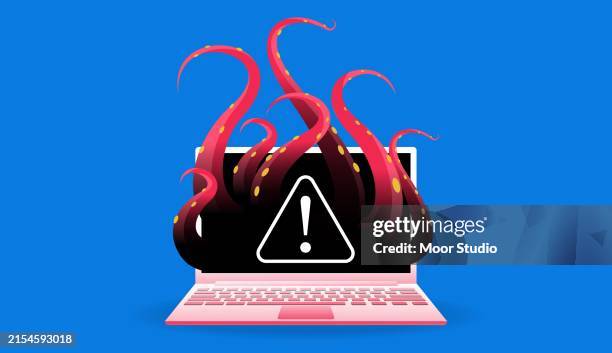illustrazioni stock, clip art, cartoni animati e icone di tendenza di computer portatile infettato dall'illustrazione vettoriale del virus - virus informatico