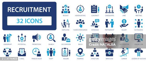 recruitment icons collection. searching for and attracting employees and staff. human resource, headhunting, career, resume, job hiring. simple flat vector icon. - new job stock illustrations