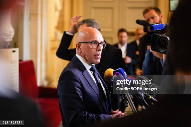 Eric Ciotti, deputy of Les Republicains group, speaks to the press at the National Assembly. A weekly session of questioning the French government...