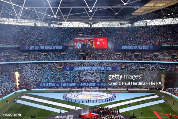 General view inside the stadium during the pre match entertainment prior to the Emirates FA Cup Final match between Manchester City and Manchester...