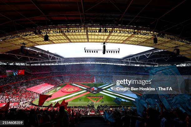 General view inside the stadium during the pre match entertainment prior to the Emirates FA Cup Final match between Manchester City and Manchester...