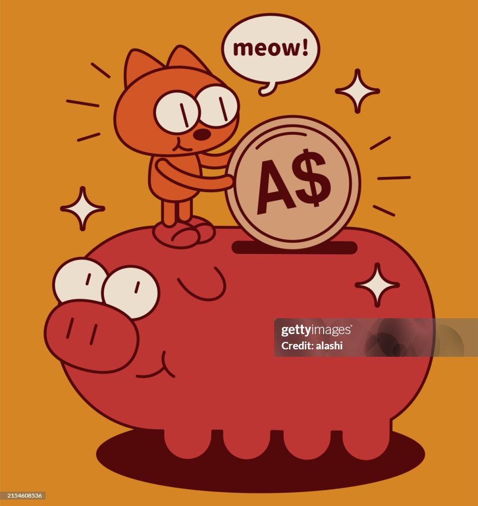 A quirky and cute kitten, rearing up, standing on a big piggy bank, depositing money