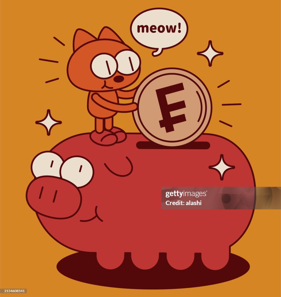 A quirky and cute kitten, rearing up, standing on a big piggy bank, depositing money