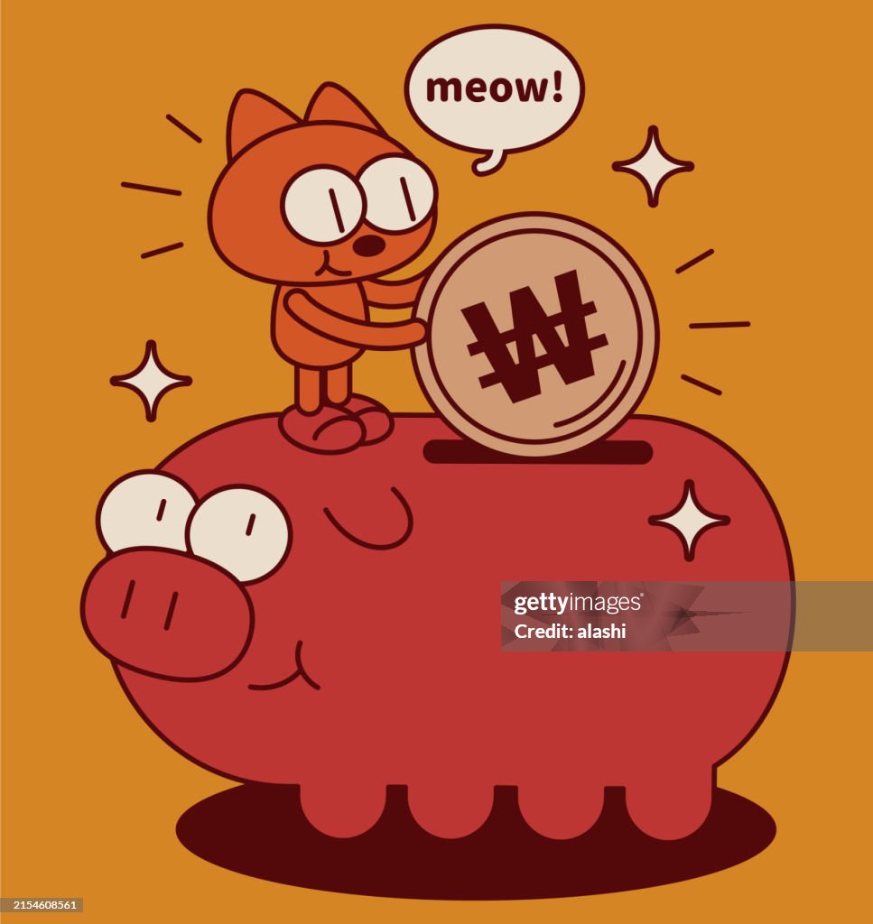 A quirky and cute kitten, rearing up, standing on a big piggy bank, depositing money