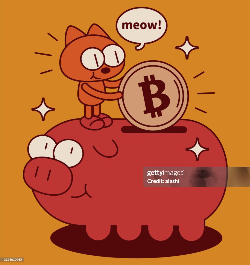 A quirky and cute kitten, rearing up, standing on a big piggy bank, depositing money