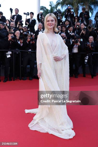Elle Fanning attends the Red Carpet of the closing ceremony at the 77th annual Cannes Film Festival at Palais des Festivals on May 25, 2024 in...