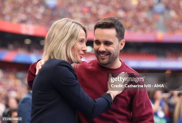 Sonia Bompastor manager / head coach of Olympique Lyonnais and Jonatan Giraldez the head coach / manager of FC Barcelona during the UEFA Women's...