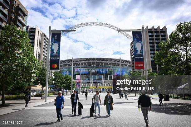 Branding for the Final is displayed outside Wembley Stadium on May 29 the venue for the UEFA Champions League final football match between Borussia...