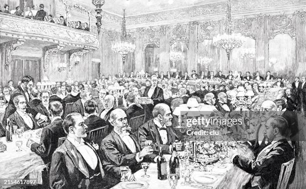 das 122. jährliche bankett der handelskammer am dienstagabend, den 18. november 1890 in delmonico - großer speisesaal stock-grafiken, -clipart, -cartoons und -symbole