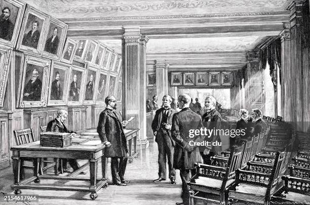new york city, interior of the chamber of commerce - guy sitting at desk drawing stock illustrations