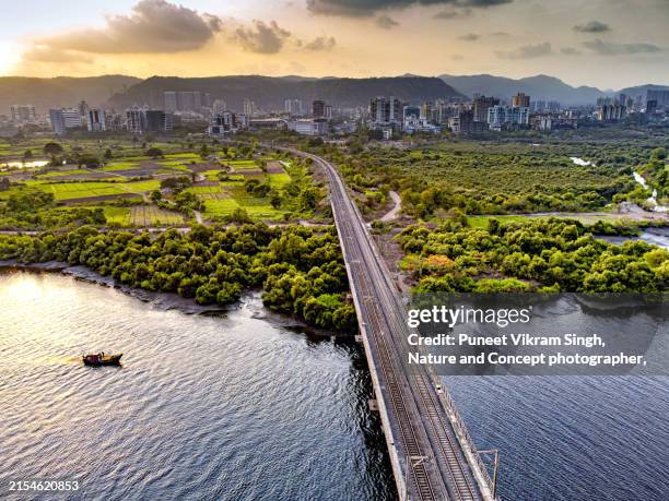 beautiful view of navi mumbai skyline along with mangrove forest and the mumbai local train track over the sea bridge during a moody sunset. photo shot using a drone offering a bird's eye view of the expanding cityscape. - green bridge over trees stock pictures, royalty-free photos & images