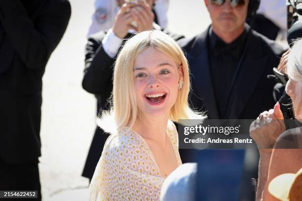 Elle Fanning attends the Red Carpet of the closing ceremony at the 77th annual Cannes Film Festival at Palais des Festivals on May 25, 2024 in...