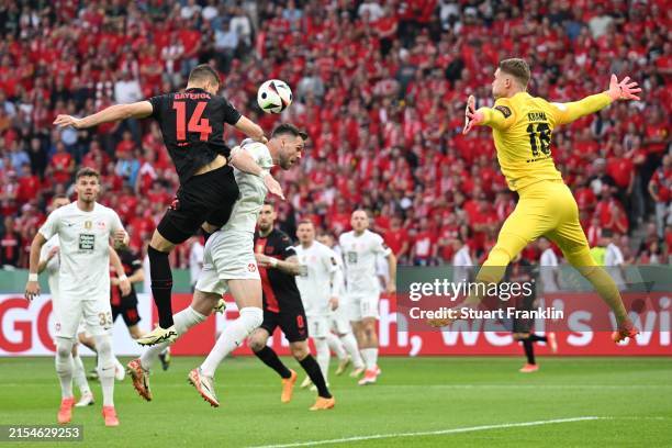 Patrik Schick of Bayer 04 Leverkusen shoots during the DFB Cup 2023/24 final match between 1. FC Kaiserslautern and Bayer 04 Leverkusen at...