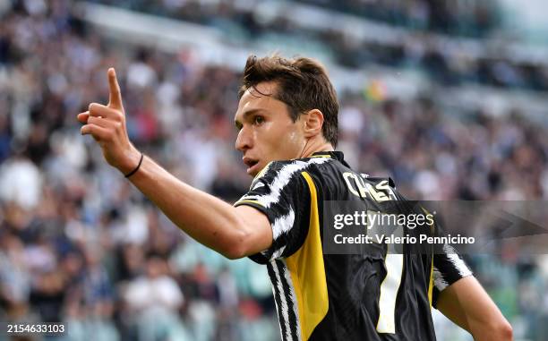Federico Chiesa of Juventus celebrates scoring his team's first goal during the Serie A TIM match between Juventus and AC Monza at on May 25, 2024 in...