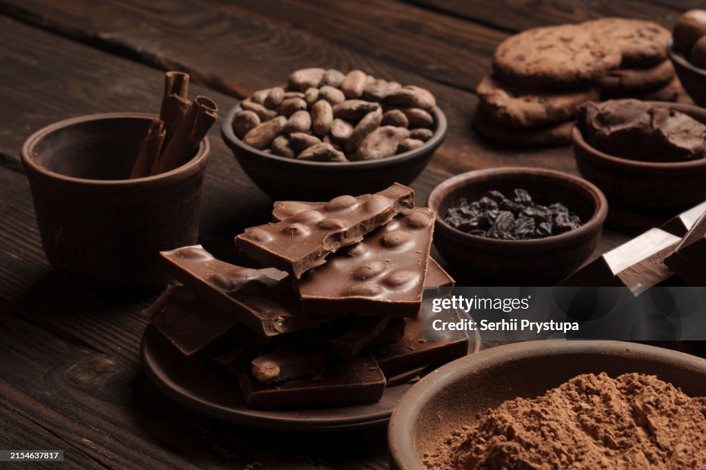 Craft chocolate products with cocoa beans and nuts