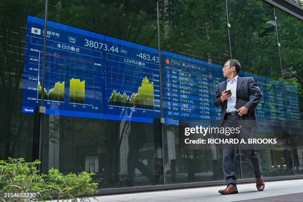 Man walks past an electronic board showing the numbers during afternoon trade on the Tokyo Stock Exchange in central Tokyo on May 30, 2024.