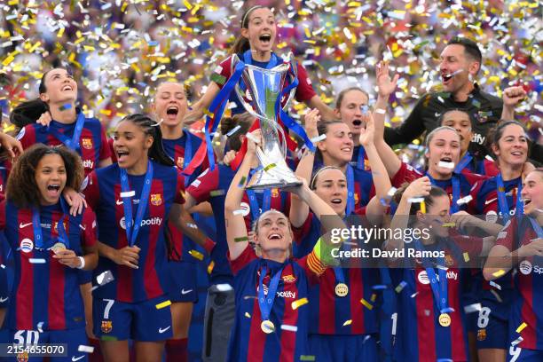Alexia Putellas of FC Barcelona lifts the UEFA Women's Champions League Trophy after her team's victory in the UEFA Women's Champions League 2023/24...