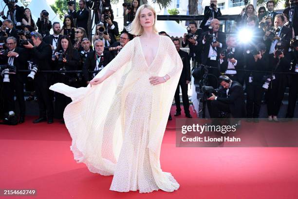 Elle Fanning attends the Red Carpet of the closing ceremony at the 77th annual Cannes Film Festival at Palais des Festivals on May 24, 2024 in...