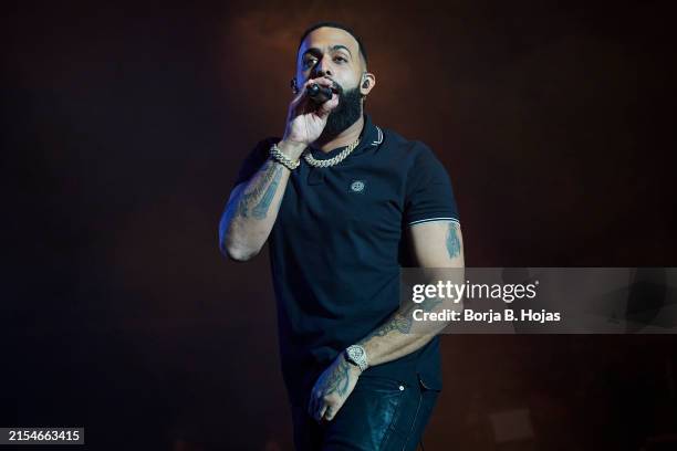 Puerto Rican singer Eladio Carrion performs on stage during Sol Maria Tour at Wizink Center on May 25, 2024 in Madrid, Spain.