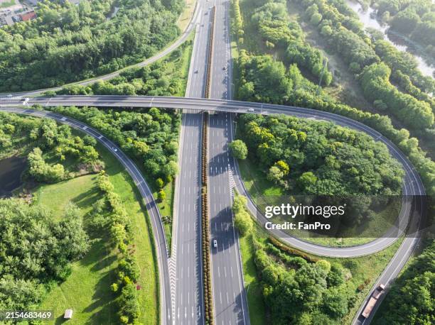 aerial view of modern highway with green in spring - green bridge over trees stock pictures, royalty-free photos & images