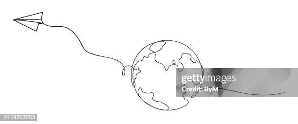 one continuous line drawing of earth globe with paper airplane - cargo aeroplane stock illustrations