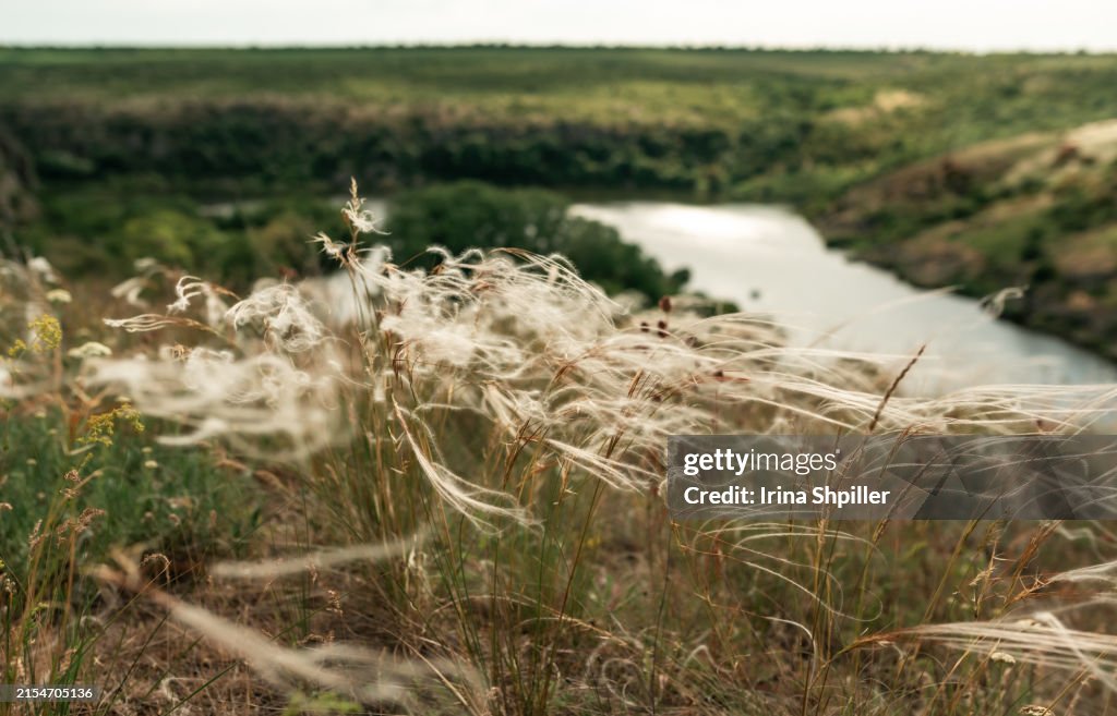 Beautiful natural scenery of river in Ukraine with rocks in background, top view. Summer time.