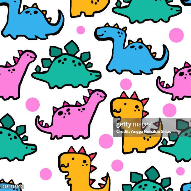 bildbanksillustrationer, clip art samt tecknat material och ikoner med cute dinosaurs hand drawn cartoon seamless pattern - kawaii