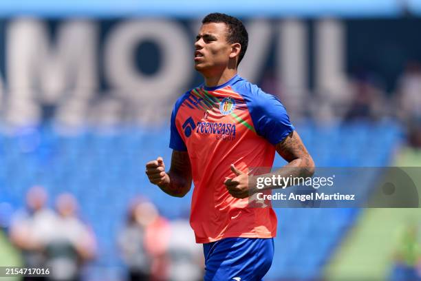 Mason Greenwood of Getafe CF warms up prior to the LaLiga EA Sports match between Getafe CF and RCD Mallorca at Coliseum Alfonso Perez on May 26,...