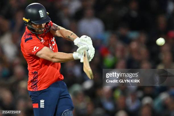 England's Phil Salt hits a six during the fourth T20 international cricket match between England and Pakistan at The Oval, in London on May 30, 2024....