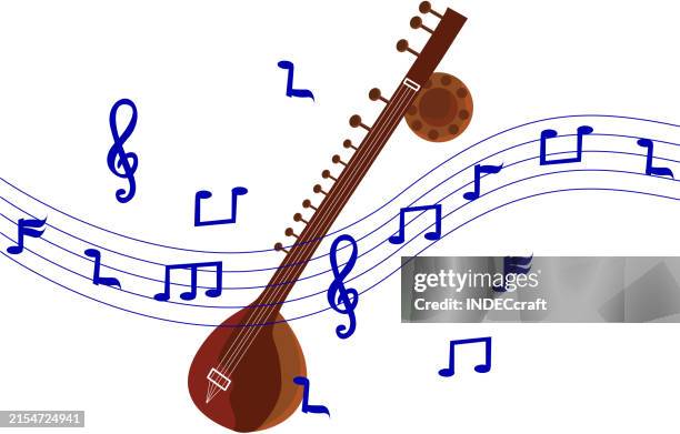 sitara instrument with notes - classical music stock illustrations