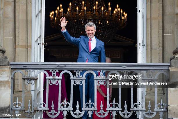 King Frederik X waves to the crowd as he celebrates his birthday at Amalienborg on May 26, 2024 in Copenhagen, Denmark. HM The King turns 56 years...